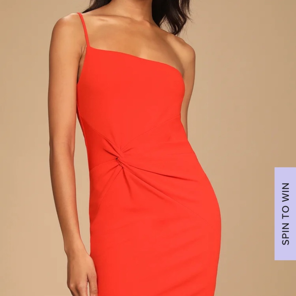 A True Stunner Coral Red One-Shoulder Twist-Front Bodycon Dress Lulus